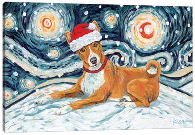 Basenji On A Snowy Night Canvas Art Print - Gretchen Kish Serrano