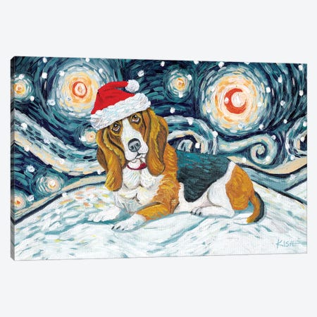 Basset Hound On A Snowy Night Canvas Print #GKS122} by Gretchen Kish Serrano Canvas Artwork