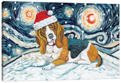Basset Hound On A Snowy Night Canvas Art Print - Basset Hound Art