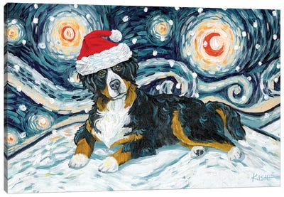 Bernese Mountain Dog On A Snowy Night Canvas Art Print - Gretchen Kish Serrano