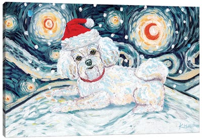 Bichon On A Snowy Night Canvas Art Print - Bichon Frises