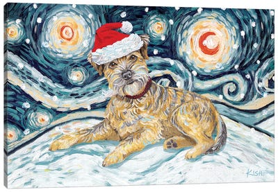 Border Terrier On A Snowy Night Canvas Art Print - Border Terriers