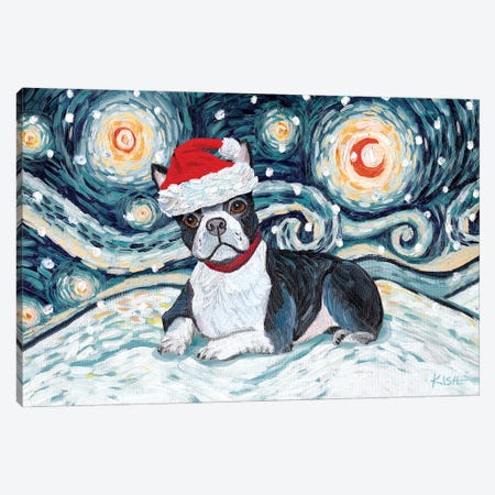 Boston Terrier On A Snowy Night Canvas Print #GKS130} by Gretchen Kish Serrano Canvas Print
