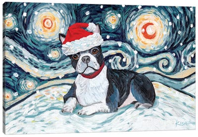 Boston Terrier On A Snowy Night Canvas Art Print - Gretchen Kish Serrano