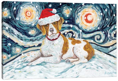 Brittany On A Snowy Night Canvas Art Print - Spaniels