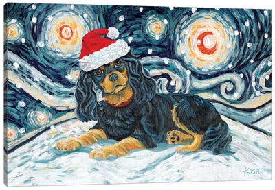 Cavalier King Charles On A Snowy Night Black & Tan Canvas Art Print - Gretchen Kish Serrano