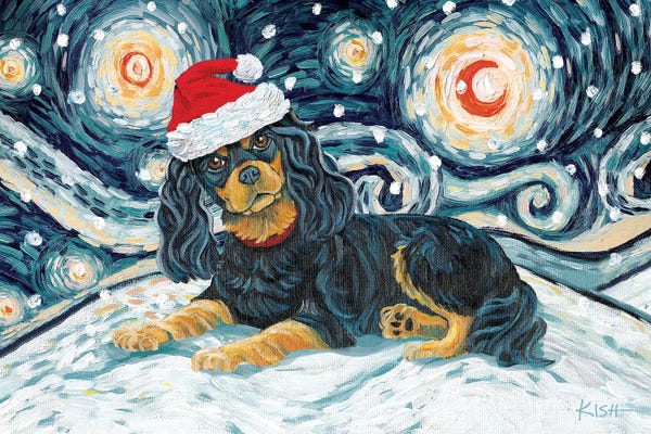 Christmas Animals: Cavalier King Charles On A Snowy Night Black & Tan by Gretchen KISH Serrano