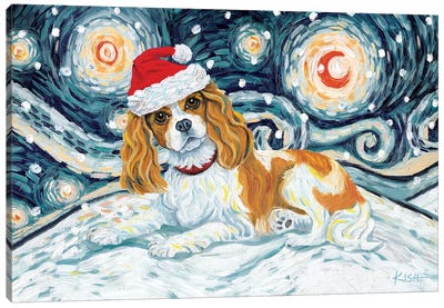 Cavalier King Charles On A Snowy Night Blenheim Canvas Art Print - Christmas Animal Art
