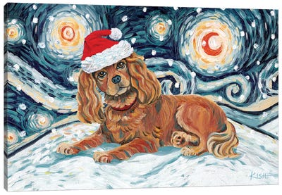 Cavalier King Charles On A Snowy Night Ruby Canvas Art Print - Christmas Animal Art