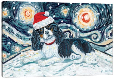 Cavalier King Charles On A Snowy Night Tricolor Canvas Art Print - Gretchen Kish Serrano
