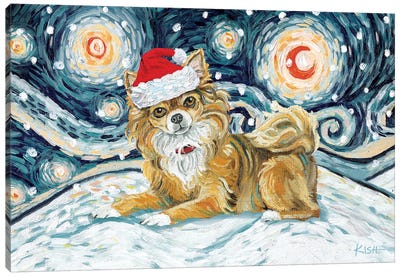 Chihuahua On A Snowy Night Long Haired Canvas Art Print - Gretchen Kish Serrano