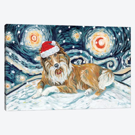 Collie On A Snowy Night White Stripe Canvas Print #GKS148} by Gretchen Kish Serrano Canvas Art