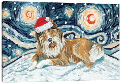 Collie On A Snowy Night White Stripe Canvas Art Print - Collie Art