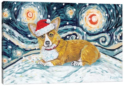 Corgi On A Snowy Night Canvas Art Print