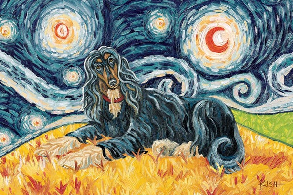 Afghan Hounds: Black & Tan Afghan Hound On A Starry Night by Gretchen KISH Serrano
