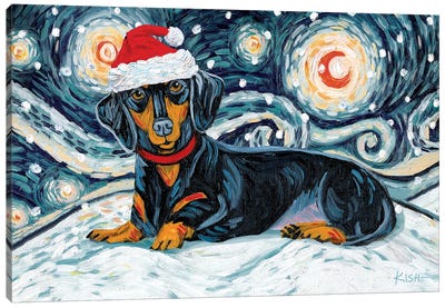 Dachshund On A Snowy Night Black & Tan Canvas Art Print - Gretchen Kish Serrano