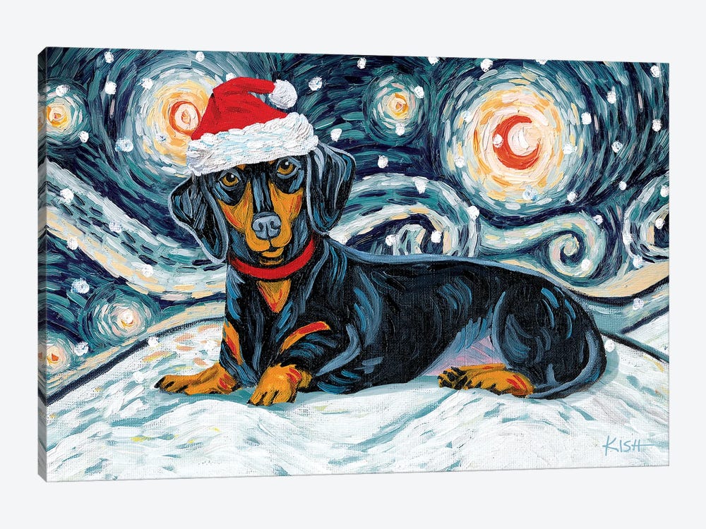 Dachshund On A Snowy Night Black & Tan by Gretchen Kish Serrano 1-piece Canvas Wall Art