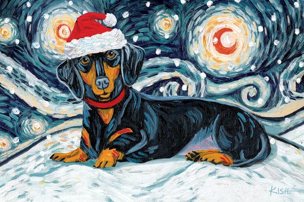 Christmas Animals: Dachshund On A Snowy Night Black & Tan by Gretchen KISH Serrano