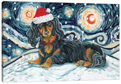 Dachshund On A Snowy Night Longhaired Black & Tan Canvas Art Print - Christmas Animal Art