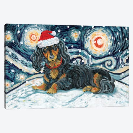 Dachshund On A Snowy Night Longhaired Black & Tan Canvas Print #GKS151} by Gretchen Kish Serrano Canvas Print