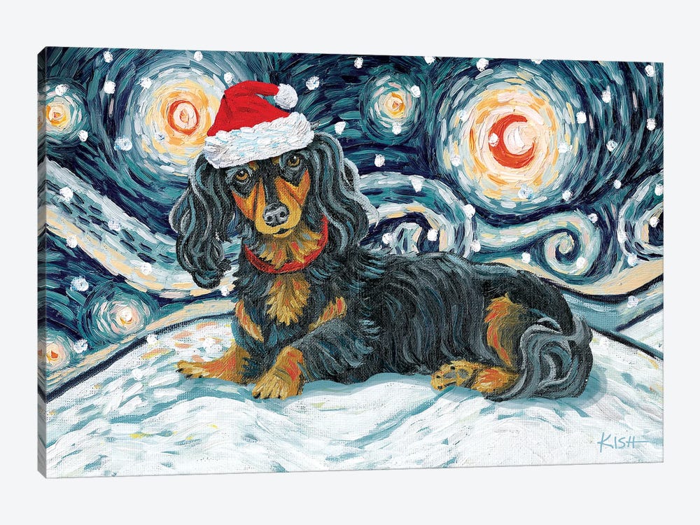 Dachshund On A Snowy Night Longhaired Black & Tan by Gretchen Kish Serrano 1-piece Canvas Art Print
