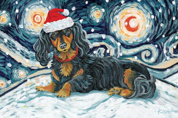 Christmas Animals: Dachshund On A Snowy Night Longhaired Black & Tan by Gretchen KISH Serrano