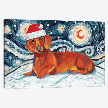 Dachshund On A Snowy Night Red Canvas Print #GKS152} by Gretchen Kish Serrano Art Print