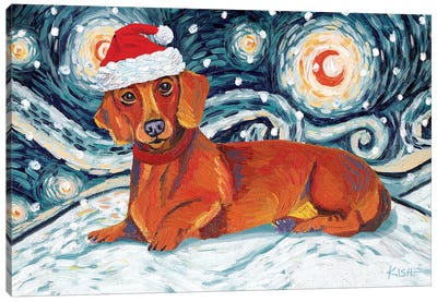 Dachshund On A Snowy Night Red Canvas Art Print - Gretchen Kish Serrano