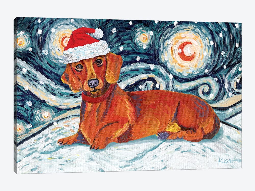 Dachshund On A Snowy Night Red by Gretchen Kish Serrano 1-piece Canvas Art
