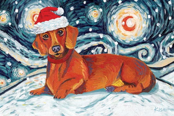 Christmas Animals: Dachshund On A Snowy Night Red by Gretchen KISH Serrano