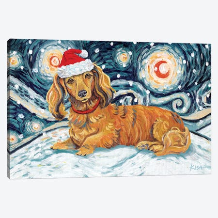 Dachshund On A Snowy Night Longhaired Red Canvas Print #GKS153} by Gretchen Kish Serrano Canvas Print