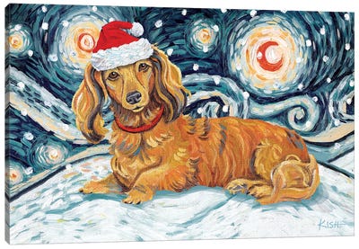 Dachshund On A Snowy Night Longhaired Red Canvas Art Print - Christmas Animal Art