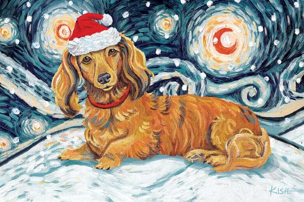 Pupsterpieces: Dachshund On A Snowy Night Longhaired Red by Gretchen KISH Serrano