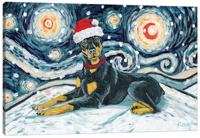 Doberman On A Snowy Night Cropped Canvas Art Print - Christmas Animal Art