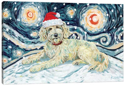 Doodle On A Snowy Night Cream Canvas Art Print - Christmas Animal Art