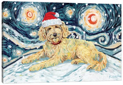 Doodle On A Snowy Night Golden Canvas Art Print - Goldendoodles