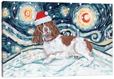English Springer Spaniel On A Snowy Night Canvas Art Print - Gretchen Kish Serrano