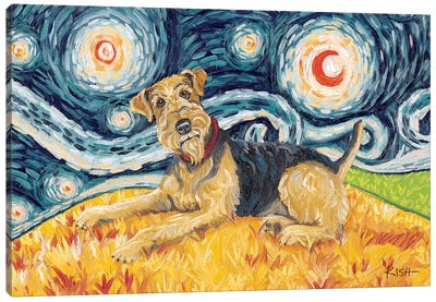 Airedale Terrier On A Starry Night Canvas Art Print - Gretchen Kish Serrano