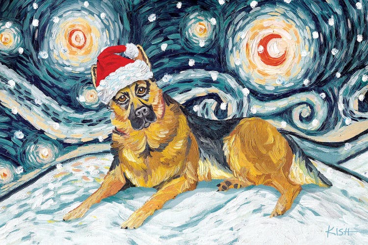German Shepherd On A Snowy Night by Gretchen Kish Serrano wall art