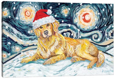 Golden Retriever On A Snowy Night Canvas Art Print - Golden Retriever Art