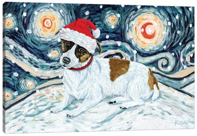 Jack Russell Terrier On A Snowy Night Canvas Art Print - Gretchen Kish Serrano
