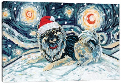 Keeshond On A Snowy Night Canvas Art Print - Christmas Animal Art