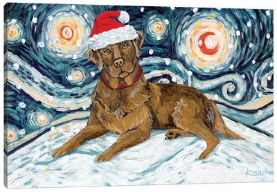 Chocolate Lab On A Snowy Night Canvas Art Print - Christmas Animal Art