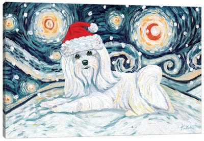 Maltese On A Snowy Night Long Haired Canvas Art Print - Gretchen Kish Serrano