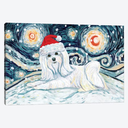 Maltese On A Snowy Night Long Haired Canvas Print #GKS176} by Gretchen Kish Serrano Canvas Artwork