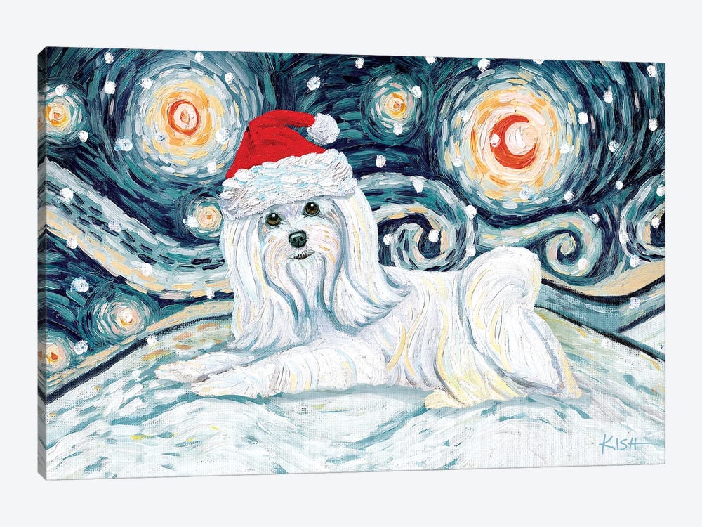 Maltese On A Snowy Night Long Haired by Gretchen Kish Serrano 1-piece Canvas Artwork