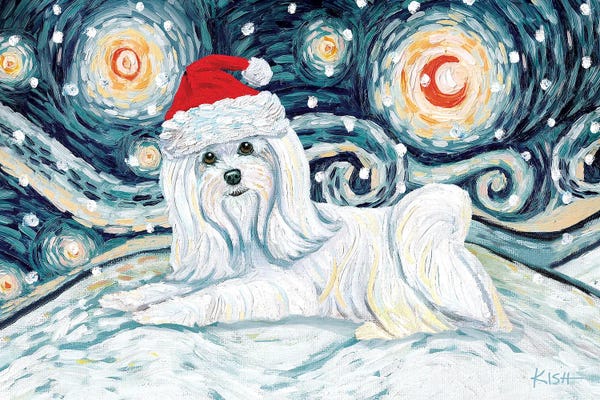Maltese: Maltese On A Snowy Night Long Haired by Gretchen KISH Serrano