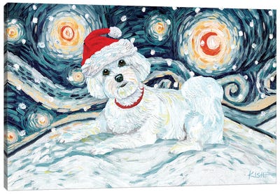 Maltese On A Snowy Night Puppycut Canvas Art Print - Maltese