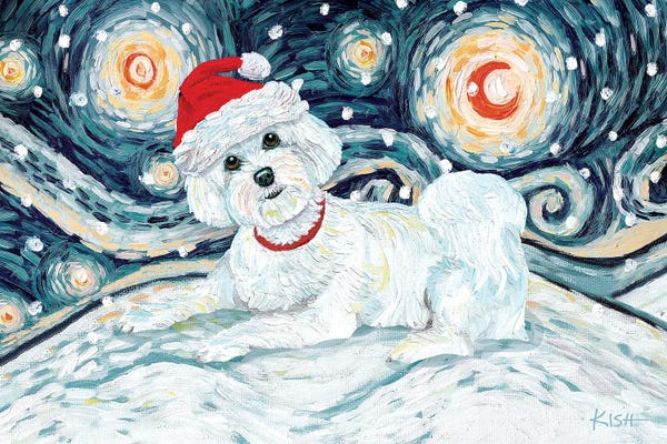 Maltese: Maltese On A Snowy Night Puppycut by Gretchen KISH Serrano