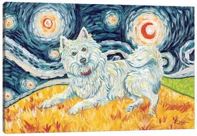 American Eskimo Dog On A Starry Night Canvas Art Print - Gretchen Kish Serrano